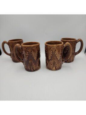 Vintage BENNINGTON ROCKINGHAM GLAZE STONEWARE MUG SET OF FOUR Brown